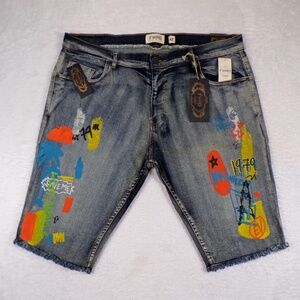 FWRD Smoke Rise Men's Denim Shorts Blue Size 42 Multicolor Graffiti/Graphic